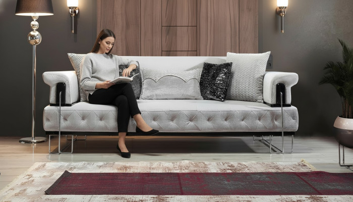 Upholstered Furniture Three-Seater Sofa 3-Seater Couch White Metal with Fabric