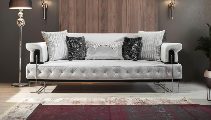 Upholstered Furniture Three-Seater Sofa 3-Seater Couch White Metal with Fabric