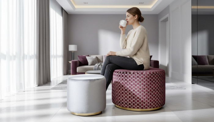 Group ottoman stool bench pouf velvet stool fabric round wood set of 2 pieces