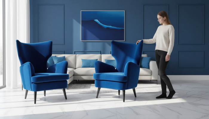 Armchair Wingback Chair 1-Seater Seat Fabric Luxury Living Room Modern Blue