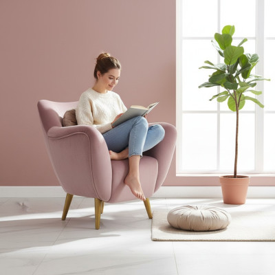 Armchair Wing Chair 1-Seater Fabric Seat Luxury Living Room Modern Pink