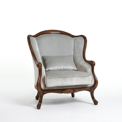 Armchair Wing Chair Seater Grey Seat Velvet Luxury Living Room Classic Wood New