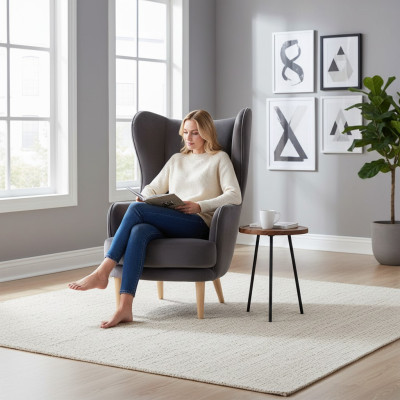 Wing chair, armchair, club chair, cocktail chair, luxury seat, gray seat, living room.