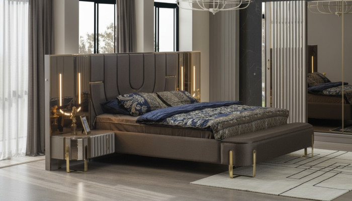 Double Bed Set Bedroom Luxury Bed Modern Brown 3-Piece Design