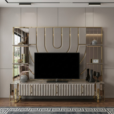 TV stand RTV lowboard sideboard living room gold gray luxury wood new