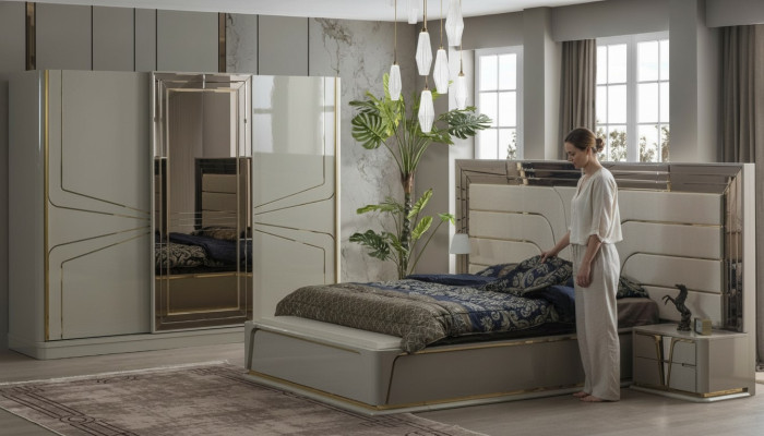 Modern bedroom set in beige with a European accent