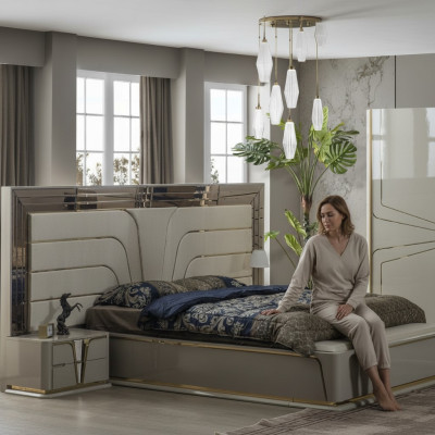 Bedroom suite double bed luxury bed modern beige set 3-piece new