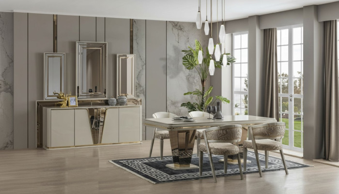 Luxury Dining Set Dining Room Dining Table Suite Chairs Dining Area Beige 6-piece