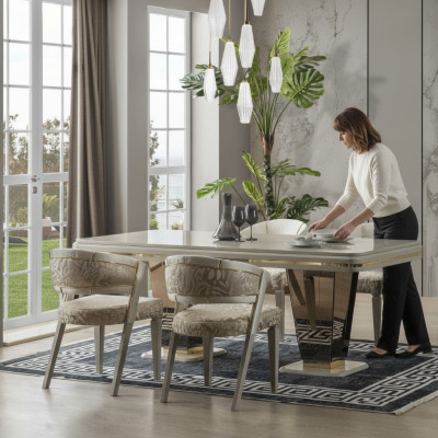Luxury Dining Set Dining Room Dining Table Chairs Dining Nook Beige 7-piece