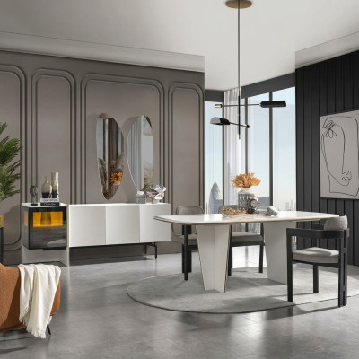 Dining table, dining room table, dining nook, table, wood, modern, white, dining room, luxury.