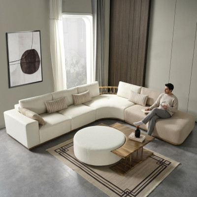 White corner sofa L-shaped couch coffee table luxury fabric furniture white design new