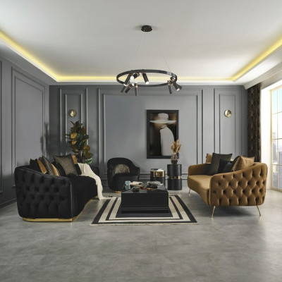 Chesterfield Sofa Set, Sofa, Armchair, Blue, Polyester, Luxury Set, 3-piece