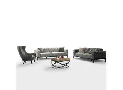 Chesterfield Sofa Set Sofa 3+1 Seater Fabric Grey Luxury Sofas Seat