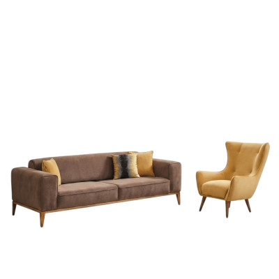 Sofa set 4-seater armchair yellow fabric brown modern four-seater