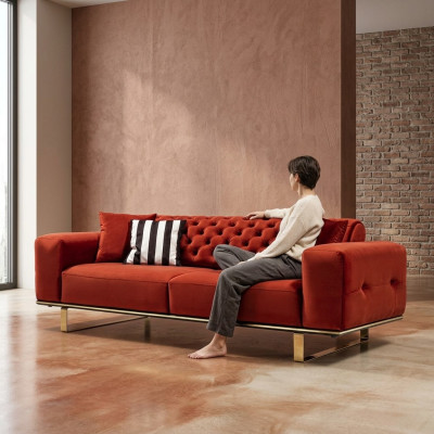 Three-seater Chesterfield Sofa 3-seater Sofas Red Fabric Living Room Luxury