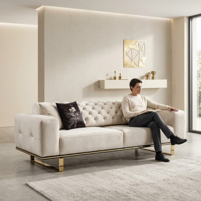 Three-seater Chesterfield sofa, 3-seater sofas, white fabric, living room, luxury