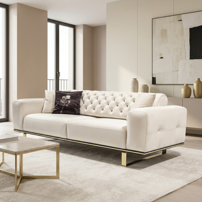 Three-seater Chesterfield sofa, 3-seater sofas, white fabric, living room, luxury