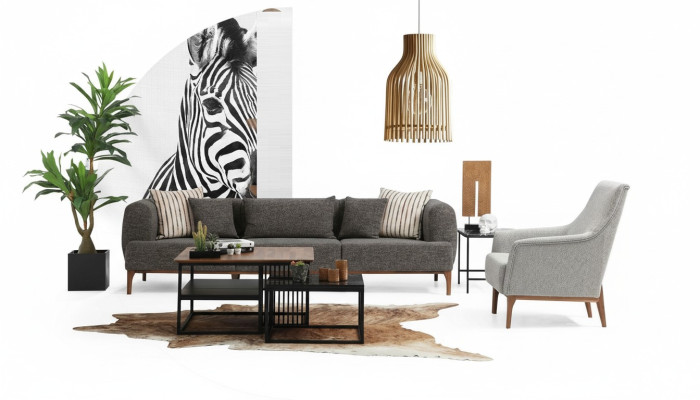 Three-seater sofa set modern armchair fabric gray living room set