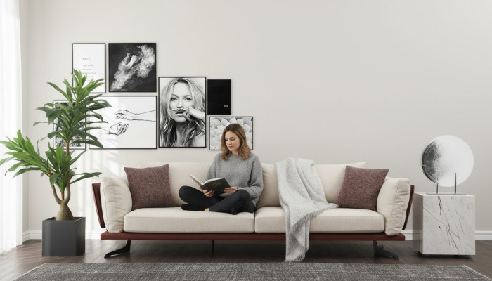 Four-seater sofa, 4-seater, fabric beige, modern design, luxury living room