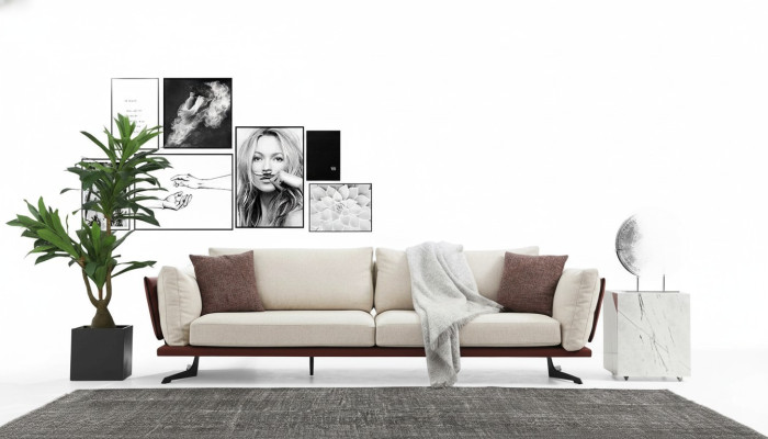 Four-seater sofa, 4-seater, fabric beige, modern design, luxury living room