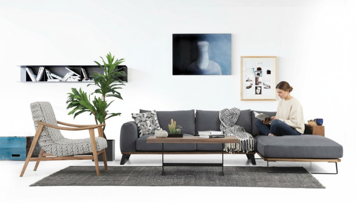 Living room corner sofa L-shape sofa set fabric grey modern design