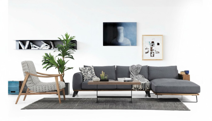 Living room corner sofa L-shape sofa set fabric grey modern design