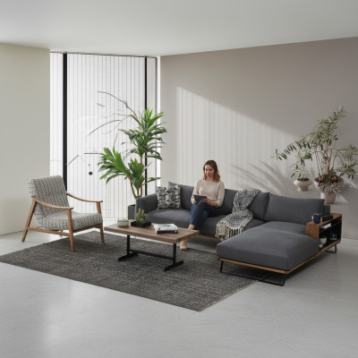 L-shaped sectional sofa gray modern fabric design living room polyester