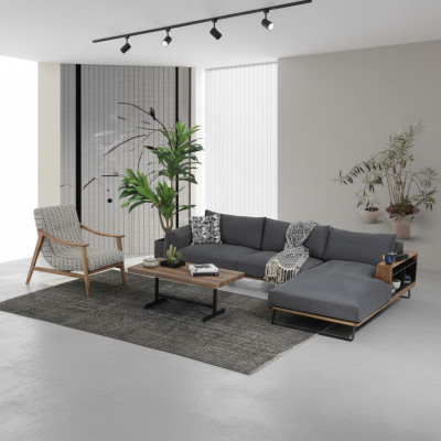 L-shaped sectional sofa gray modern fabric design living room polyester