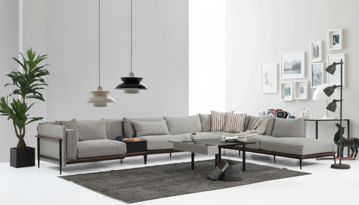 Sectional Sofa L-Shape Sofa Grey Modern Fabric Design Living Room Polyester XXL