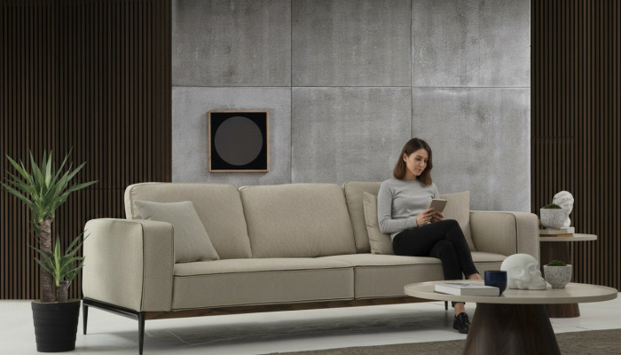 Four-seater sofa, fabric sofas, modern design, living room, beige.