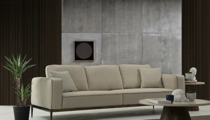 Four-seater sofa, fabric sofas, modern design, living room, beige.
