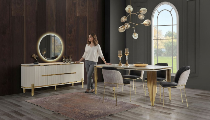 Luxury Dining Room Set Dining Group Dining Table Chair Set 6-piece Gold White