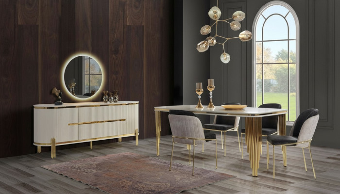 Luxury Dining Room Set Dining Group Dining Table Chair Set 6-piece Gold White