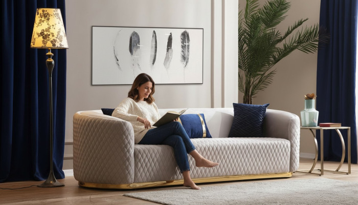 Beige three-seater stainless steel furniture luxury couch sofas design living room furniture