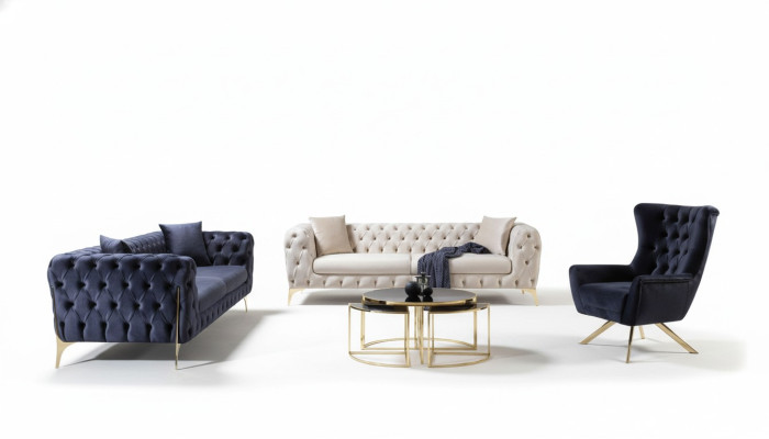 Chesterfield Sofa Set Three-Seater Armchair Blue Luxury Set 3-piece 3+3+1