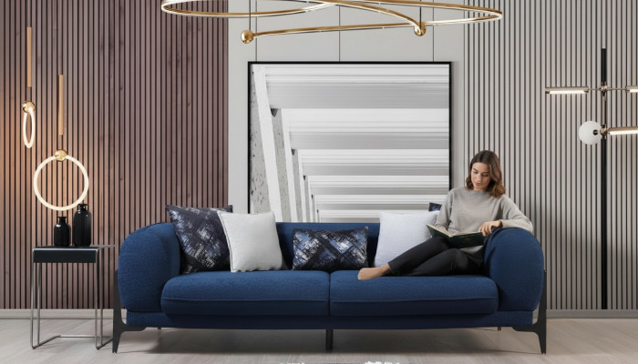 Blue three-seater luxury couch modern sofas living room furniture stainless steel