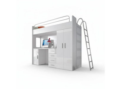 White bunk bed wood loft bed girls high-gloss desk cupboard new