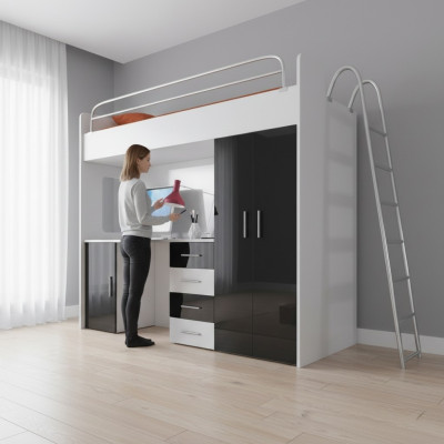 Black bunk bed wood loft bed girl high-gloss desk cabinet