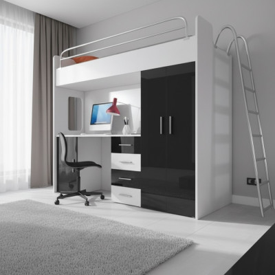 Black bunk bed wood loft bed girl high-gloss desk cabinet