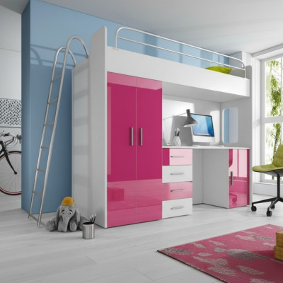 Pink Loft Bed Bunk Bed Wood Girls High Gloss with Desk Wardrobe