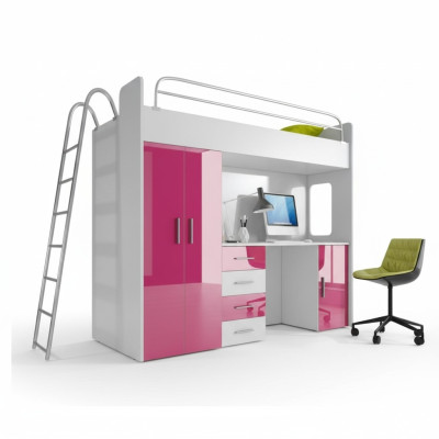 Pink Loft Bed Bunk Bed Wood Girls High Gloss with Desk Wardrobe