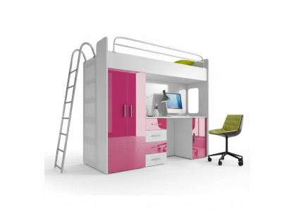 Pink Loft Bed Bunk Bed Wood Girls High Gloss with Desk Wardrobe