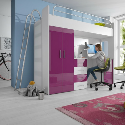 Purple bunk bed wooden loft bed girls high gloss with desk and wardrobe