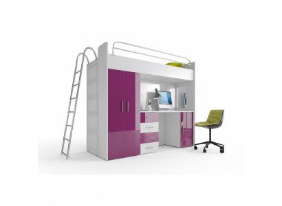 Purple bunk bed wooden loft bed girls high gloss with desk and wardrobe