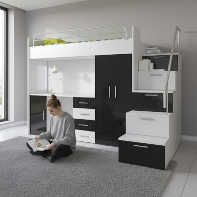 Bunk bed black table cabinet multifunction loft bunk bed children’s room