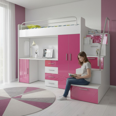 Bunk bed pink table cabinet multifunctional loft bed children's room