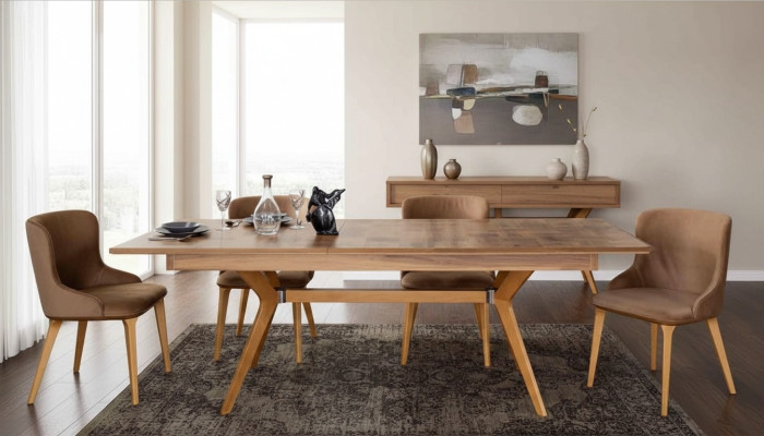 Designer wood dining room set: table, 4 chairs with backrests, 5-piece upholstered set.