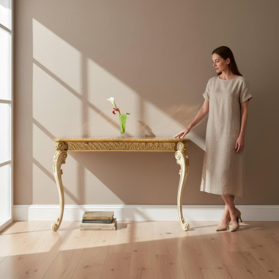 Console table, country house style, classic telephone tables, gold appearance with carved legs