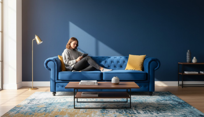 Upholstered Sofas 3 Seats Chesterfield Textile Sofa Blue Classic Designer New