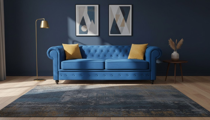 Upholstered Sofas 3 Seats Chesterfield Textile Sofa Blue Classic Designer New